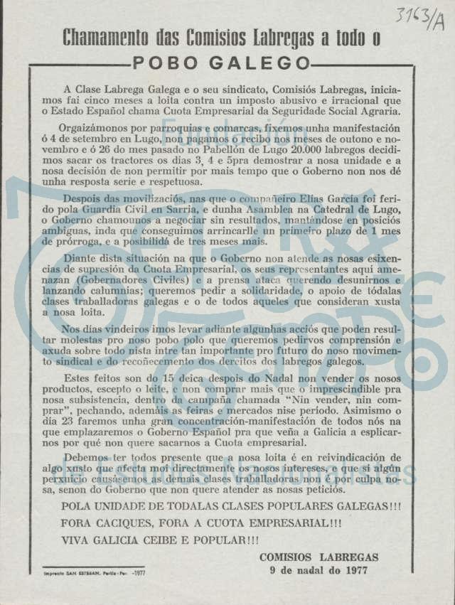 Chamamento das Comisios Labregas a todo o pobo galego